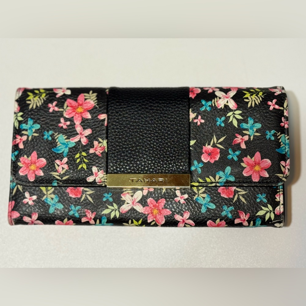 Tahari Black Wallet with Colorful Floral Design